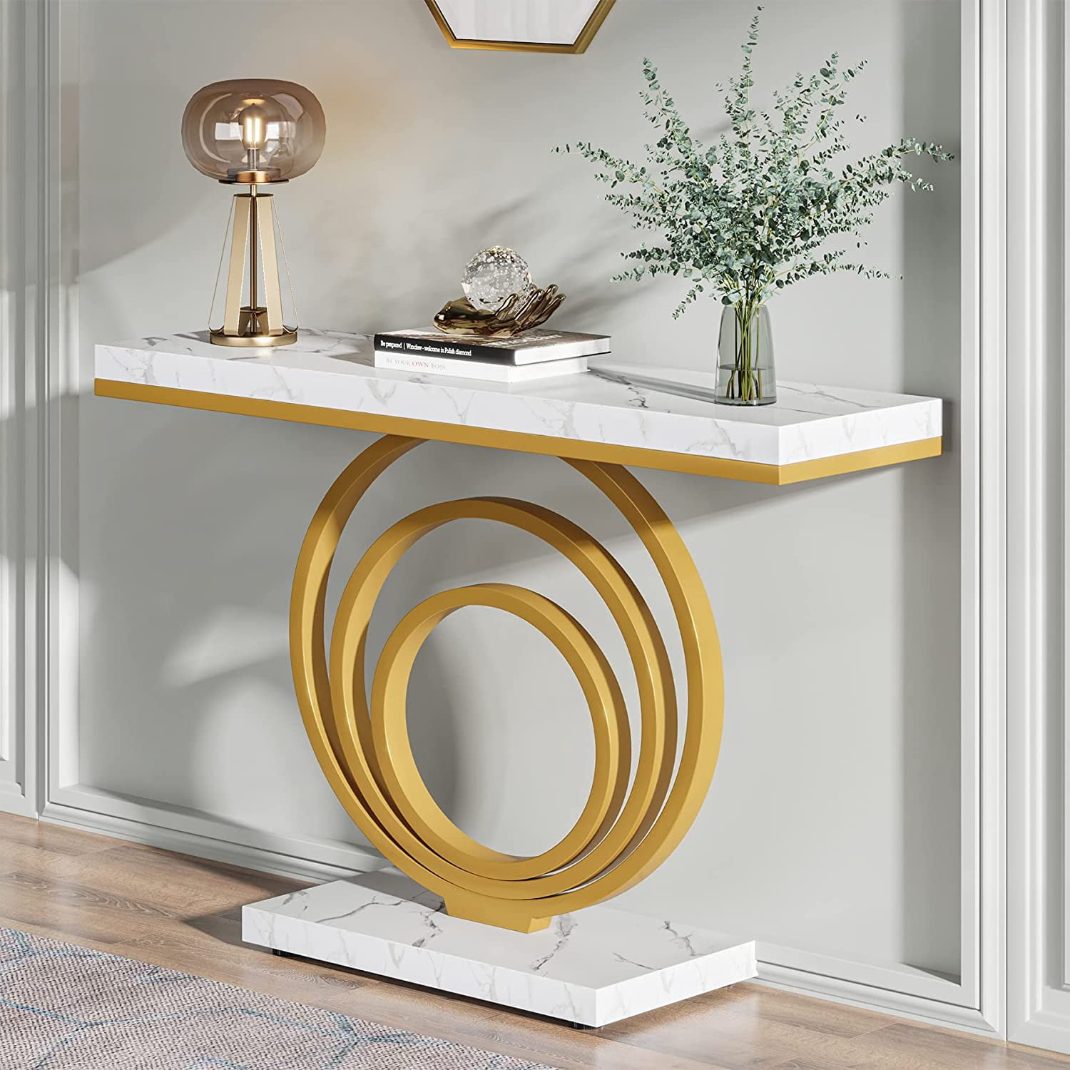 Tribesigns 41 Inch White Console Table with Gold Ring Base, Modern Entryway Sofa Table Narrow Long, Geometric Contemporary Accent Table for Living Room, Entryway, Hallway, Entrance, Faux Marble White