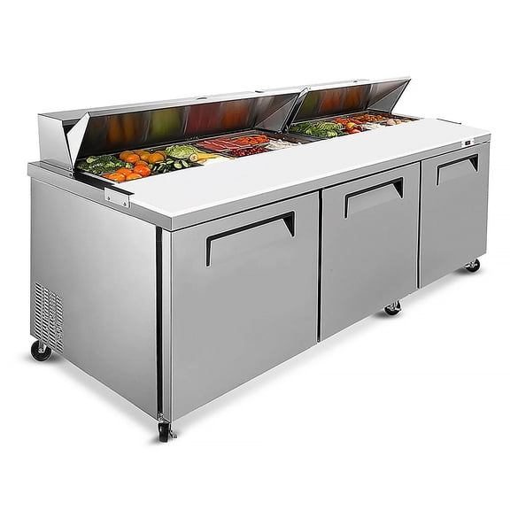 72 in. Commercial Sandwich Prep Table Refrigerator, 18 Cu.Ft., 20 x 1/6 Pan Capacity, Dual Lids, 3-Door, Stainless Steel, NSF Certified