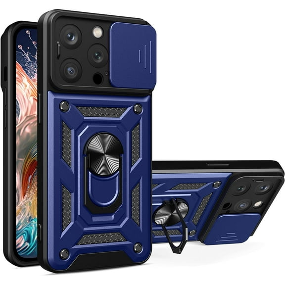 for Apple iPhone 15 Pro Case with Slide Camera Cover for Men, Military Grade Drop Phone Cover Case with Ring Kickstand for iPhone 15 Pro SJ Blue