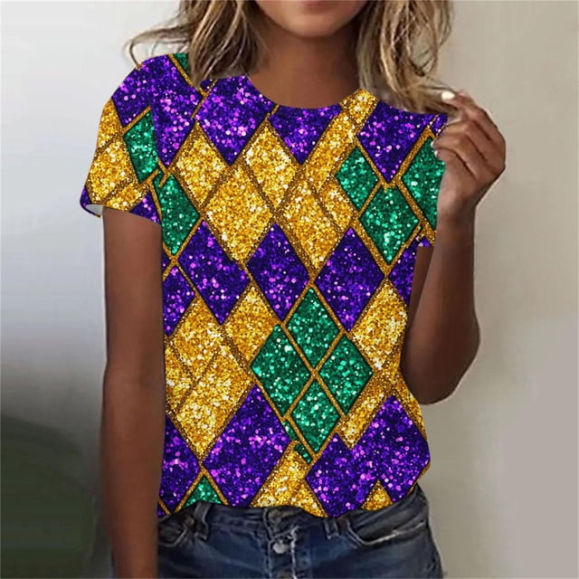 RKSTN Mardi Gras Shirts for Women Oversized Crewneck Funny Carnival Graphic Short Sleeve Mardi Gras T Shirts Pullover Top Womens Casual Plus Size Round Neck Loose Fits Comfy Holiday Tee Shirts