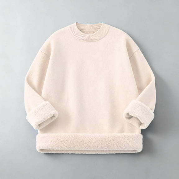Qulqfy Cozy Sweaters Women Pullover Beige Plus Size Sweater Fleece Lined Long Sleeve Crew Neck Knit Soft Shirts Tops for Women