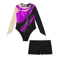 thumbnail image 5 of iixpin Kids Girls Shiny Rhinestone Ballet Dance Gymnastics Leotard Long Sleeve Bodysuit with Shorts Set Tank Unitard Purple&Black 10, 5 of 7