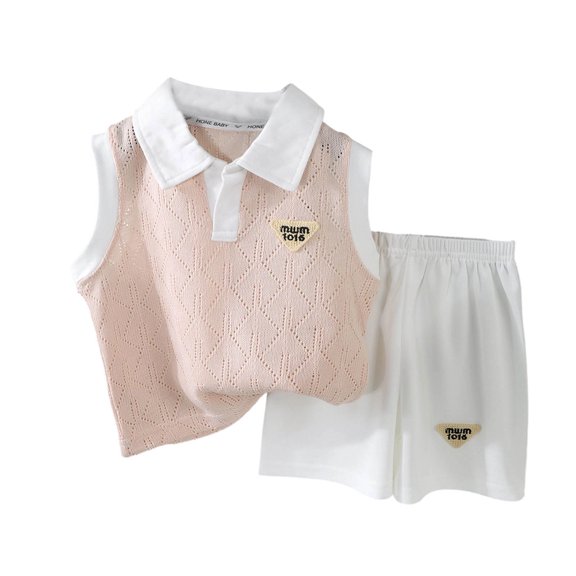 Tigivemen Sleeveless Knitted Sweater Set Toddler Baby Boy Clothes Summer Outfits Lapel T Shirts with Elastic Waisted Shorts Light Pink,6-7 Years
