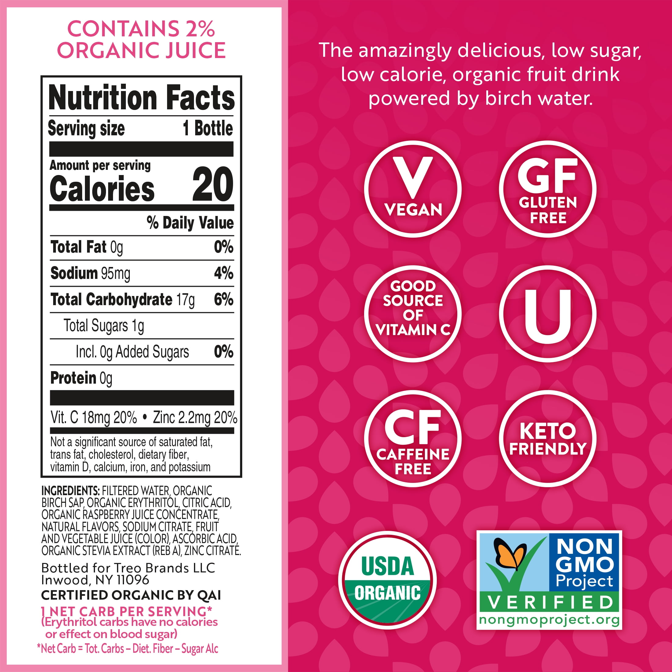 Treo Raspberry Lemonade Flavored-Infused Bottled Birch Water, 16 oz