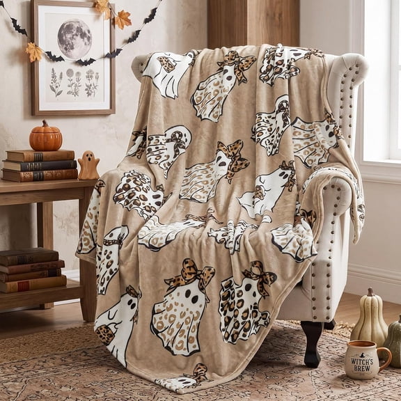 Hahafelt Halloween Cheetah Ghost Blanket Brown Leopard Throw Blanket | Soft Flannel Fleece, Halloween Cozy Spooky Gifts Decor, Western Boho Holiday Decorations, for Couch Sofa Bed, 50''''x60''''