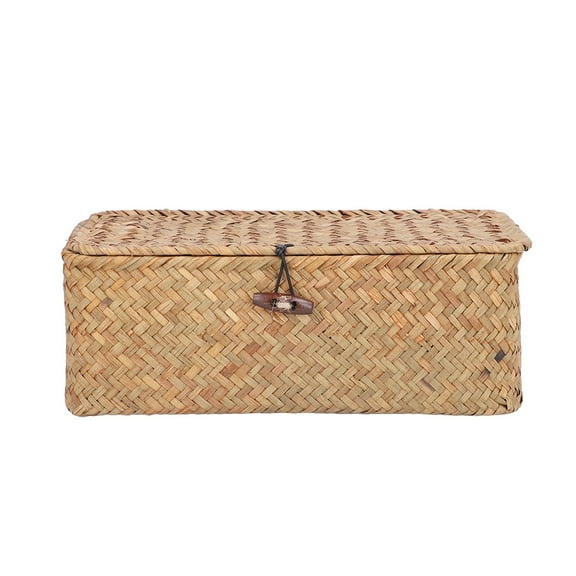 Seagrass Desktop Basket With Lid Woven Vintage Art Organizer Box Rectangular Bathroom Storage Organiser Desktop Shelf Bins S