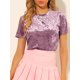 thumbnail image 5 of Camiseta de terciopelo para mujer Inspire Chic, de cuello redondo, manga corta, casual, talla XS, color rosa claro, 5 of 8