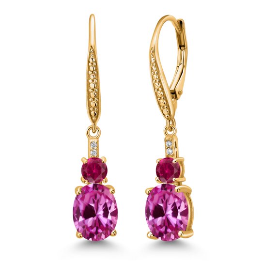 Gem Stone King 18K Yellow Gold Plated Silver Pink Created Sapphire and Red Created Ruby Dangle Earrings for Women with Lab Grown Diamond (2.53 Cttw, Oval 9X7MM)