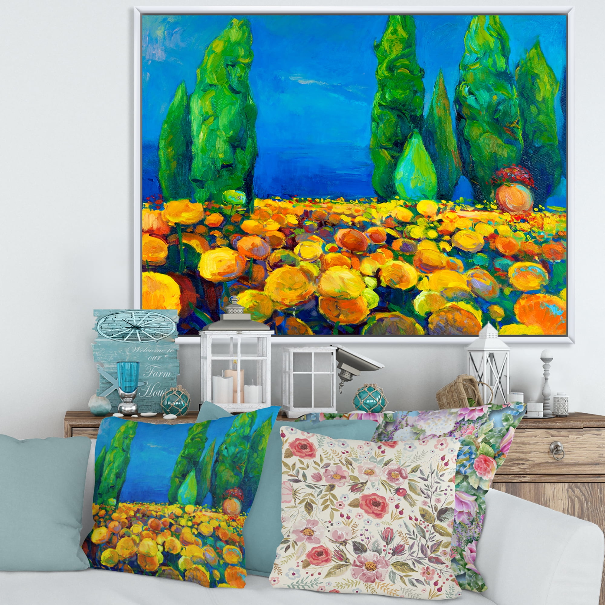 Designart 'Yellow Blossoming Flowers Landscape With Green Trees' Traditional Framed Canvas Wall Art Print
