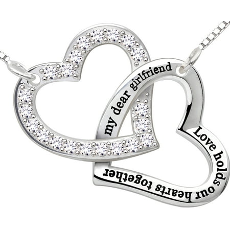 ALOV Sterling Silver "my dear girlfriend love holds our hearts together" Love Heart Cubic Zirconia Pendant Necklace