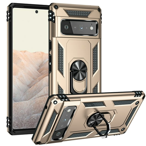 For Google Pixel 6 Pro Case, Ring Holder Kickstand Full Body Shockproof Magnetic Car Mount Hybrid Rugged Protective Phone Cover, Gold