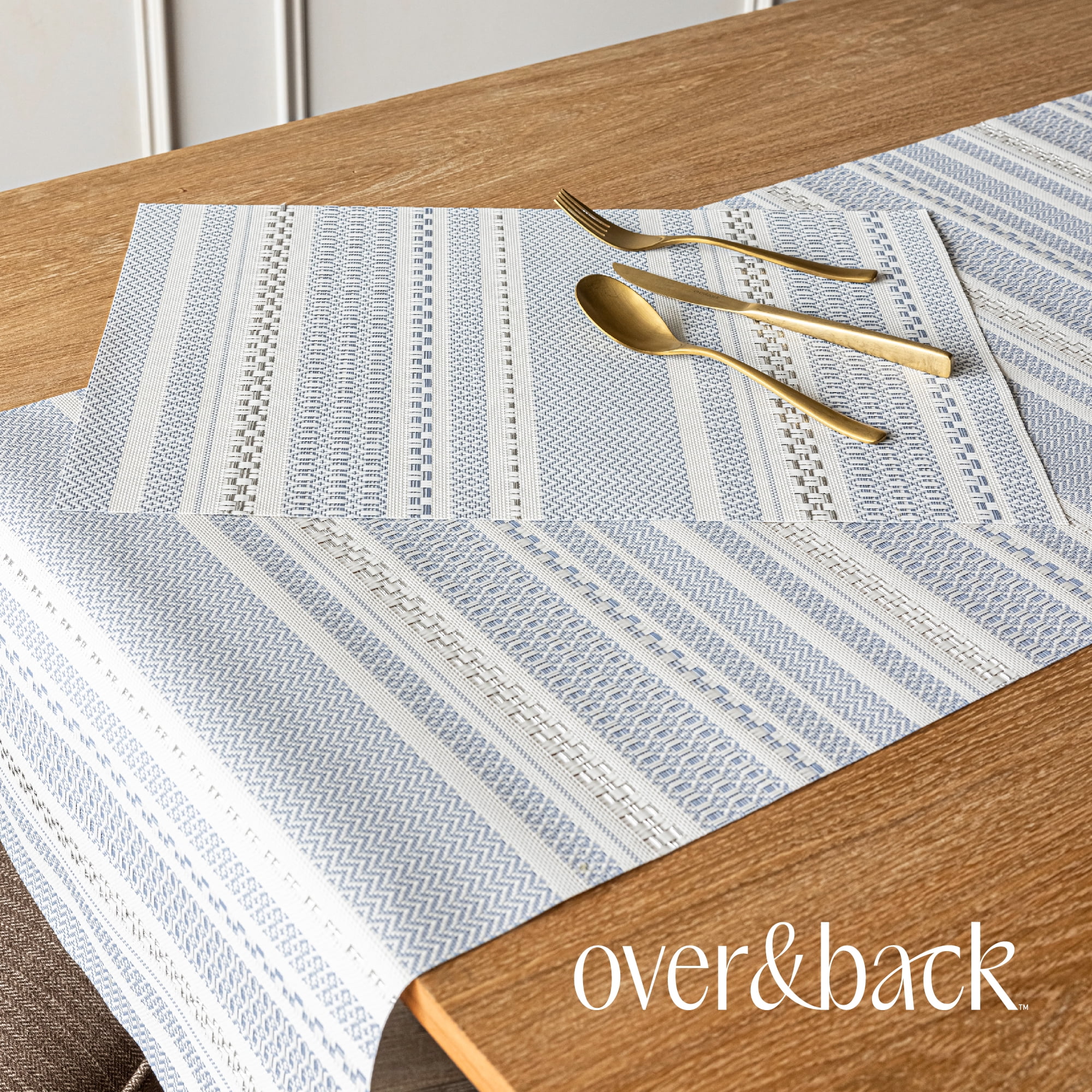 over&back 18x90 Reversible Striped Table Runner - UVA/UVB-Proof Table Runners - Waterproof Indoor and Outdoor Kitchen and Home Decor - Blue
