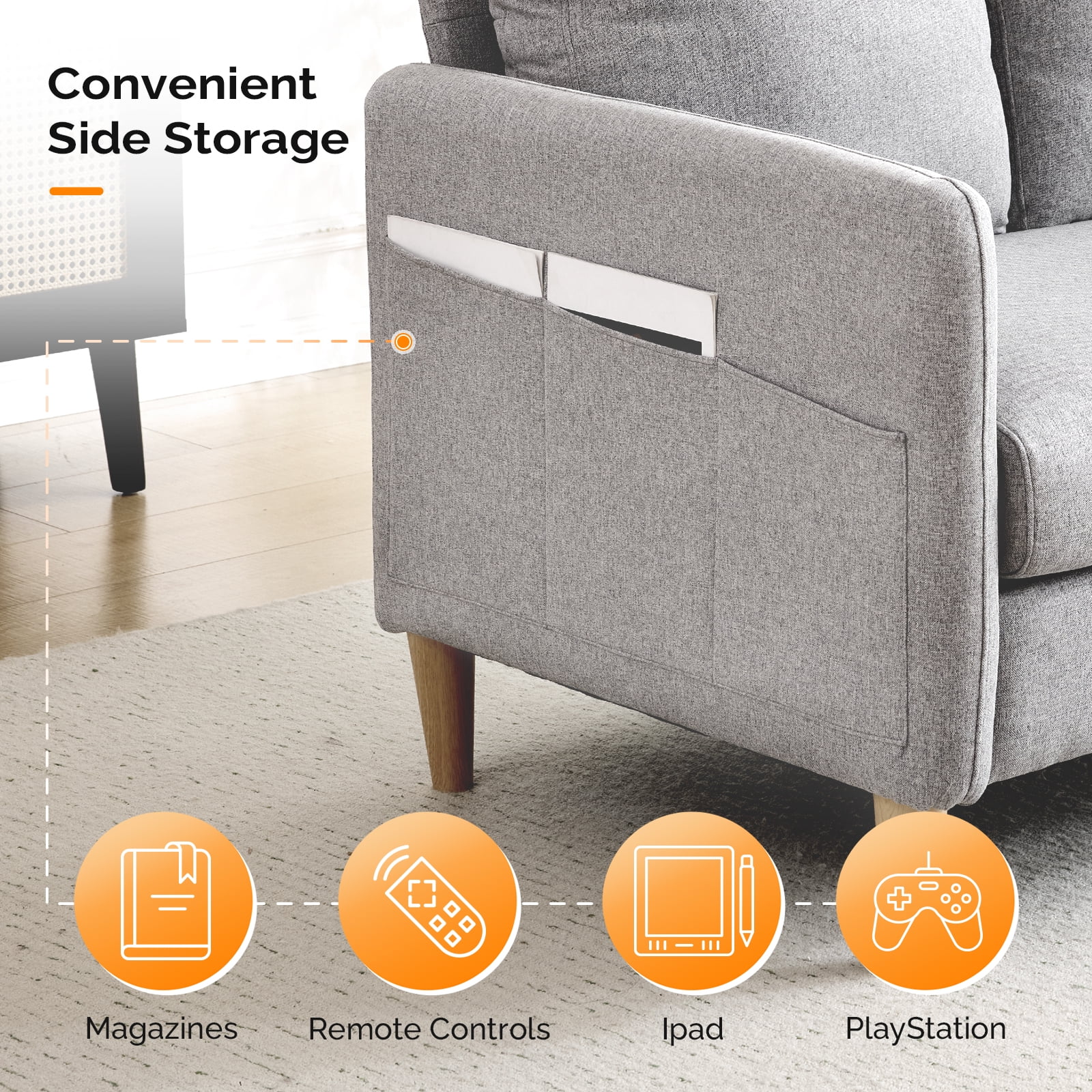 Ktaxon Loveseat Sofa with Side Bags 47" 2-Seat Small Couch with Wood Legs for Living Room Bed Room Light Gray
