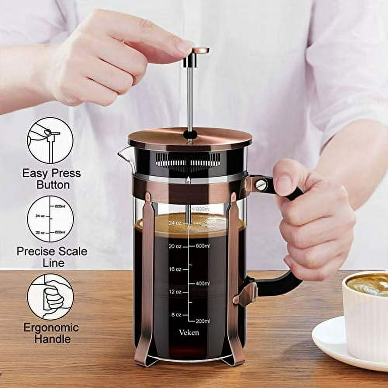 Veken French Press Double-Wall 18/10 Stainless Steel Coffee & Tea Maker,  Multi-Screen System, 2 Extra Filters Included, Rust-Free, Dishwasher Safe,  50oz, Silve 