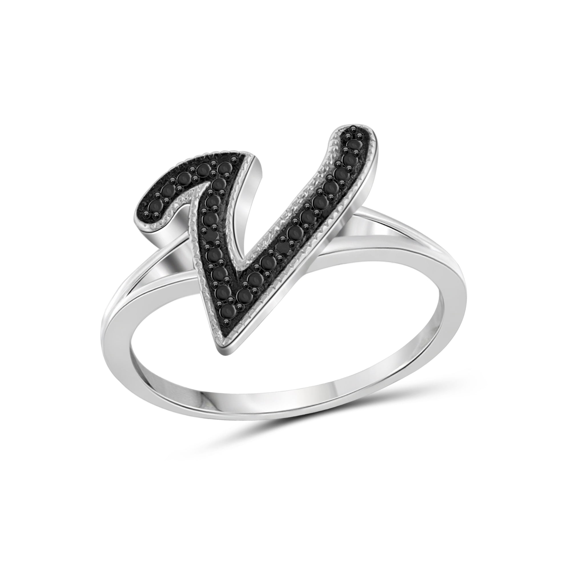 JewelersClub Accent Black Diamond Initial Letter Ring for Women | Customizable Sterling Silver V Alphabet Monogram Ring for Girls | Cursive Script Capital Letters | Personalized Jewelry Gift for Her