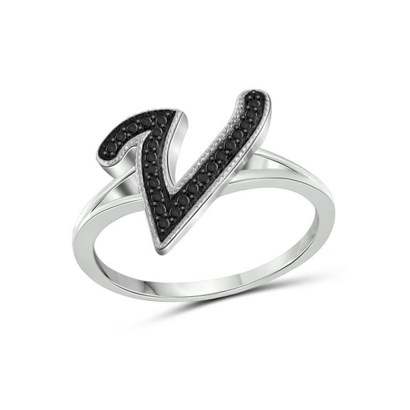 JewelersClub Accent Black Diamond Initial Letter Ring for Women | Customizable Sterling Silver V Alphabet Monogram Ring for Girls | Cursive Script Capital Letters | Personalized Jewelry Gift for Her