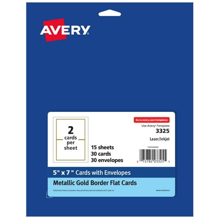 UPC: 0072782033255 | Avery Invitation Cards Matte White with Metallic Gold Borders 5 x 7 30 Flat Cards 30 Envelopes Laser/Inkjet Printable Cards (3325)