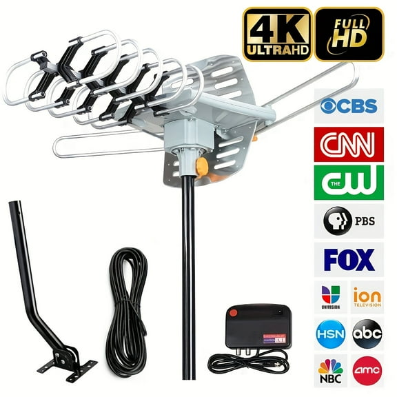 150-Mile Outdoor HDTV Antenna - 360° Motorized Rotation, Wireless Remote, 33ft Coax Cable, Supports 2 TVs - UHF/VHF, 4K/1080P, w/Installation Rod