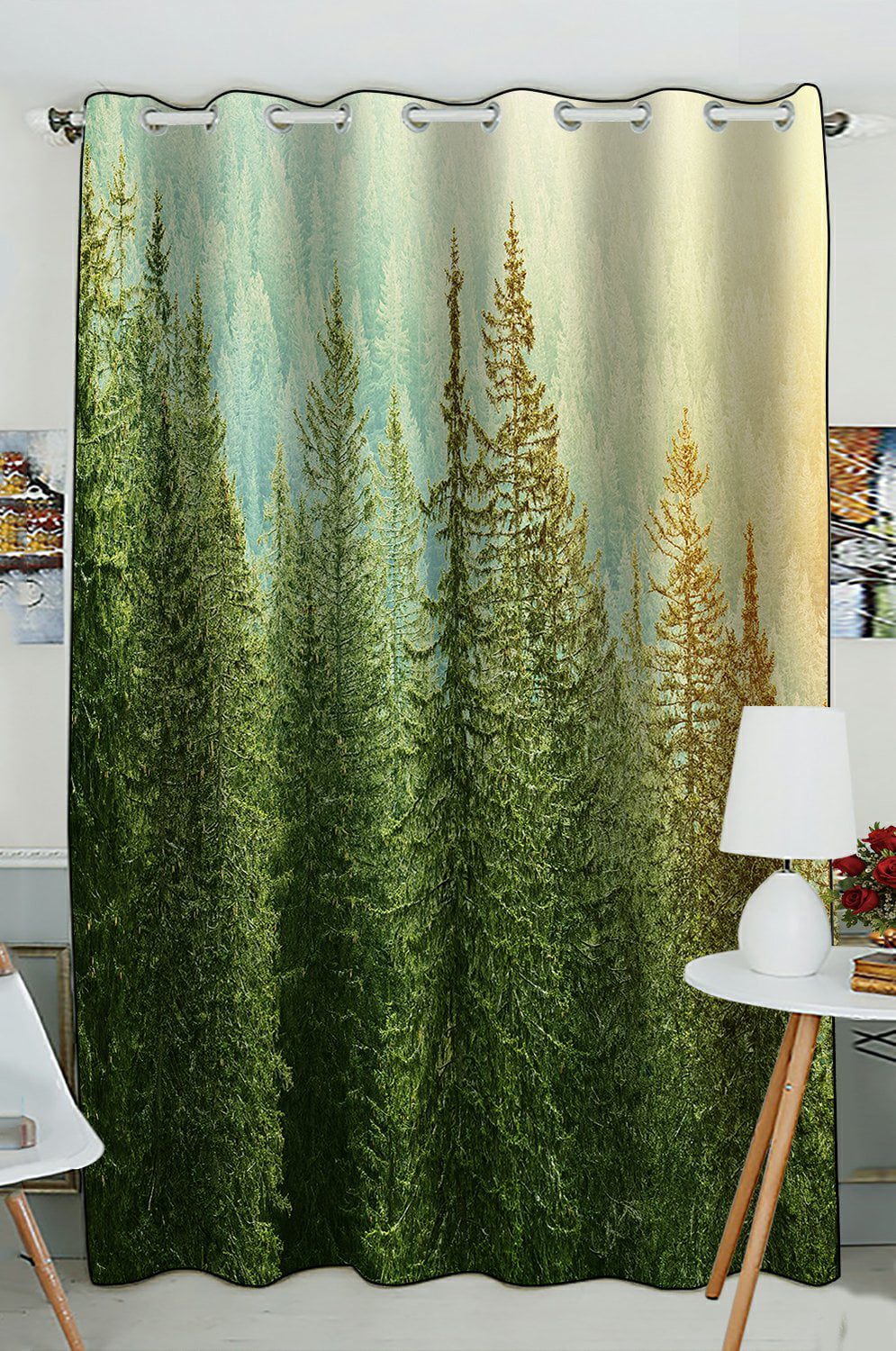 PHFZK Landscape Window Curtain, Green Trees in a Forest at Sunset ...