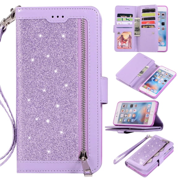 Zipper Wallet Case for iPhone 6S iPhone 6 4.7-inch, Allytech Bling Glitter Leather Case with 9 Credit Card Holder Flip Magnetic Closure Stand Cover with Cash Pocket and Hand Strap, Purple