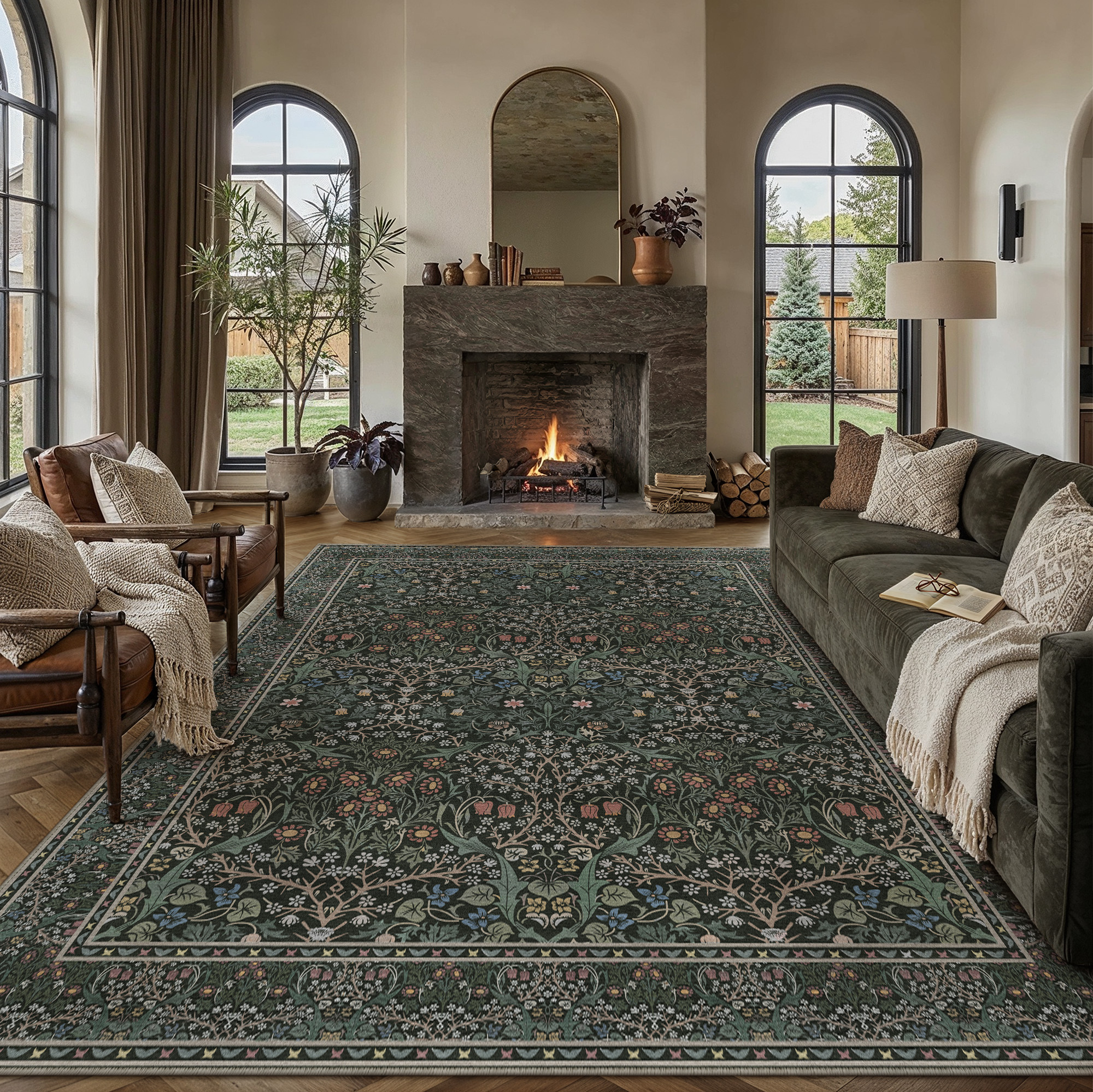 BERTHMEER 8'x10' Large Area Rugs for Living Room Bedroom Dining Room Office Non Slip Washable Farmhouse Oriental Vintage Floral Distressed Rugs Carpets, Deep Green