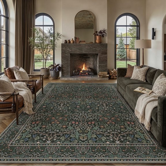 BERTHMEER 8'x10' Large Area Rugs for Living Room Bedroom Dining Room Office Non Slip Washable Farmhouse Oriental Vintage Floral Distressed Rugs Carpets, Deep Green