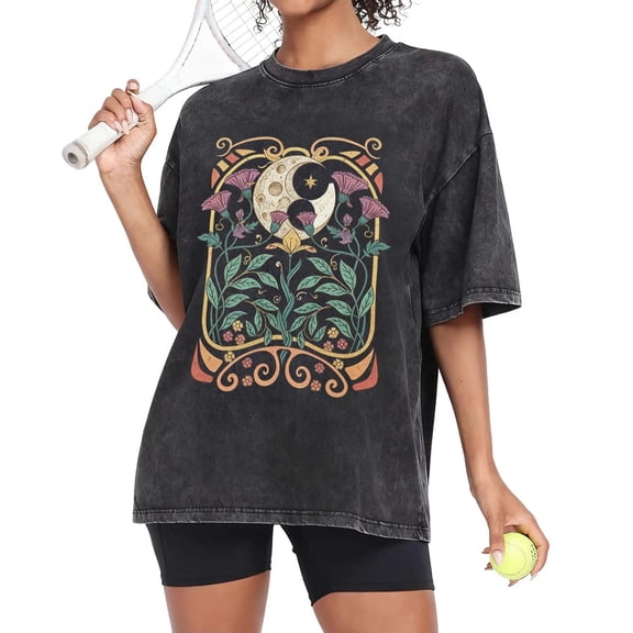USPEED Boho Women Oversized Vintage Wash T-Shirt Ornate Moon Star Floral Frame Graphic Short Sleeve Casual Witchy Botanical Loose Tee