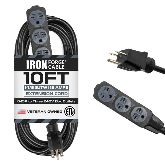 Iron Forge Cable 10 Ft Extension Cord with 3 Outlets - Extension Cord, 6-15P to Three Box Outlets Black 14 Gauge, SJTW 220/240 Volt Cord Heavy Duty