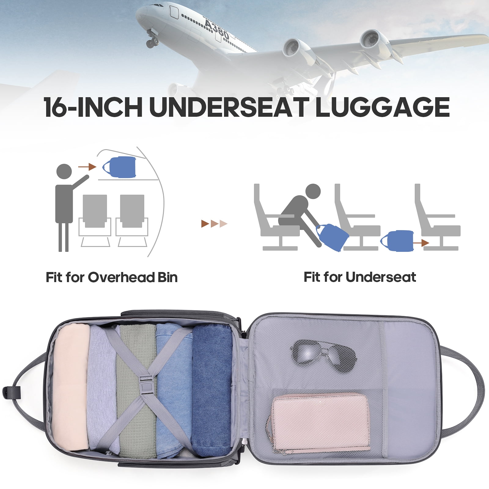 MIUSSE Underseat Carry on Luggage 16 Inch Soft Sided Luggage with Wheels and TSA Lock Airline Approved Small Suitcase for Men Women