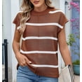 thumbnail image 4 of Women Cap Sleeve Tank Tops Striped Crew Neck Casual Loose Fit Spring Summer Pullover Knit Sweater Vest Caramel White S, 4 of 9
