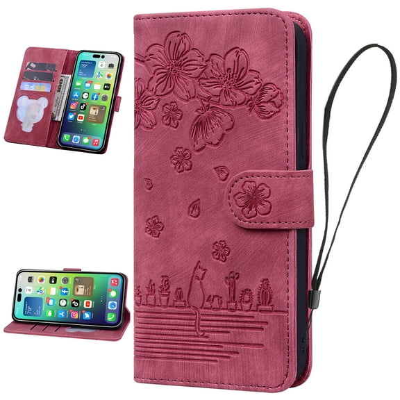 Nalacover for Google Pixel 7 Wallet Case, Flower Cat Embossed Pattern Magnetic Premium PU Leather Soft Silicone Shockproof Cover with Card Slots Holder Kickstand Flip Folio Case,Red