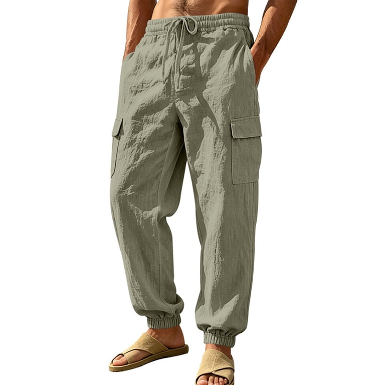 VV AVEORS Men Linen Pants 2026 Fashion Drawstring Loose Fit Cotton
