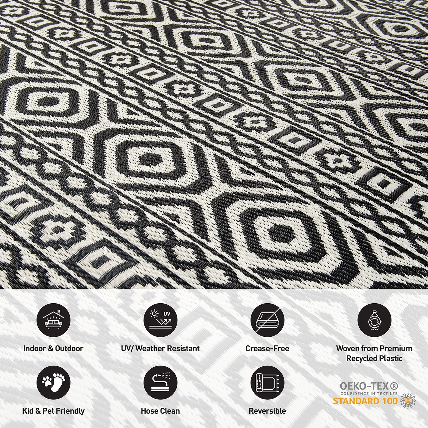 World Rug Gallery Contemporary Geometric Reversible Plastic Indoor and Outdoor Picnic Mat, Camping Rug, RV Rug - BLACK 5' X 7'