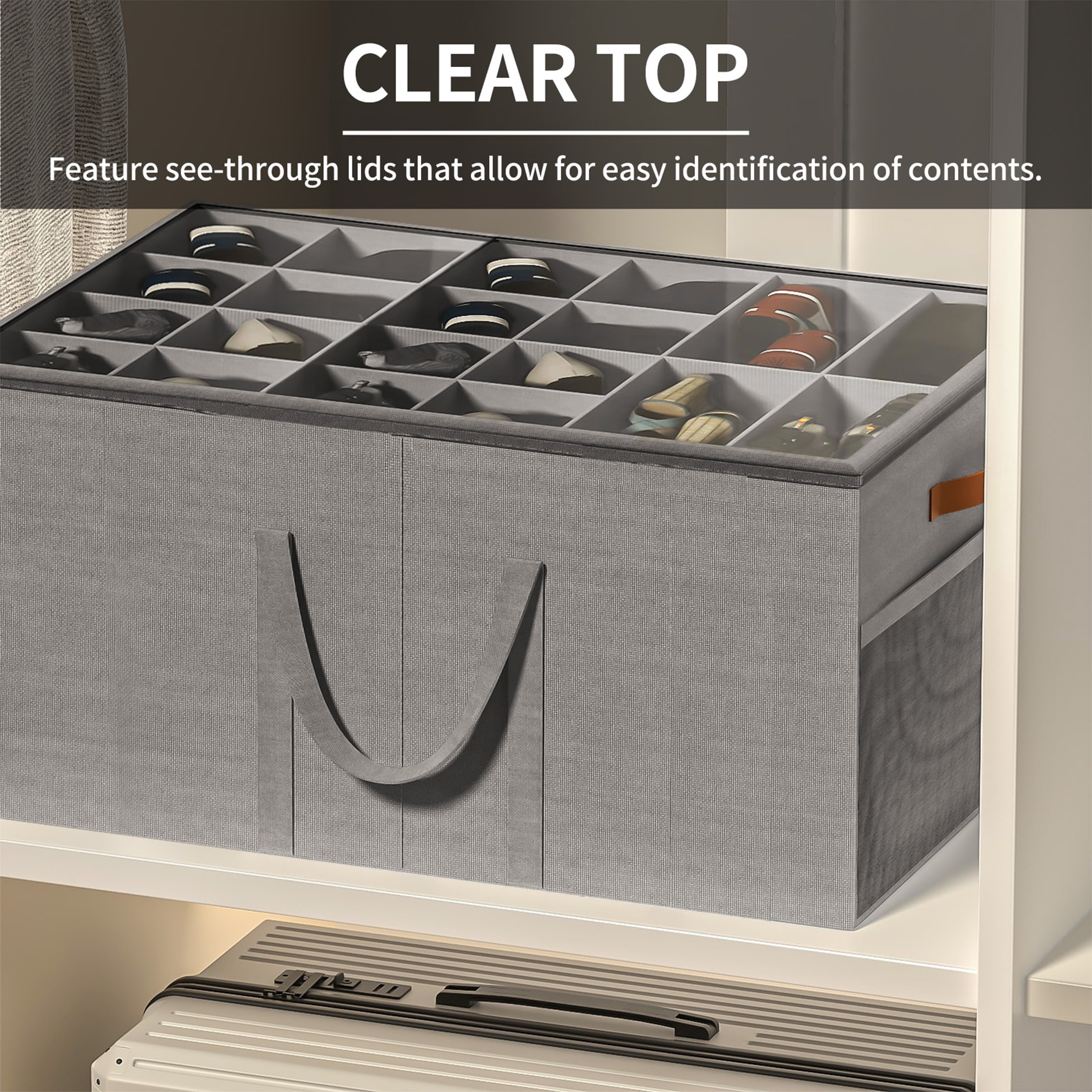 Aokeyee Shoe Storage Closet, Large Shoe Box Space Saving Foldable with Clear Cover, Fits 20-24 Pairs, Grey