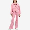 thumbnail image 2 of Swuxness Girls' Long Sleeve 2 Piece Set, Kids Straight Long Pants Set, Girls Solid Collared Denim Cardigan Jacket with Wide Leg Jeans Casual OutFitted Set Pink, 9-10 Years, 2 of 5