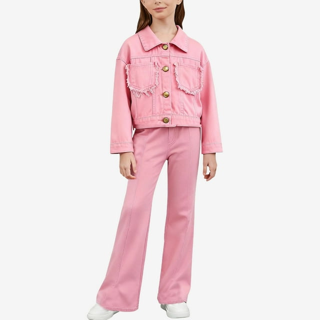 Conjunto de dos piezas de mezclilla de invierno para niños con cuello vuelto y manga larga, chaqueta de solapa de manga larga y pantalones vaqueros de pierna ancha con forro polar para mayor calidez,