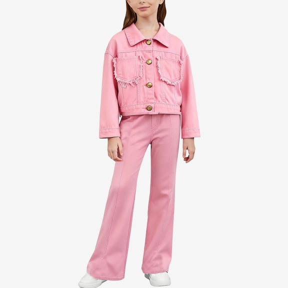 Eltusu Girls Outfit Sets, 2 Pieces Fashion Long Sleeve Relaxed Fit Kids Denim Jackets and Pants Sets Pink Size 3-13T