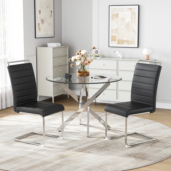 36" Round Glass Dining Table Set for 2, Tempered Glass Table with 2 C-Shaped Cantilever Chairs, Stainless Steel Frame, Space-Saving for Kitchen & Apartment