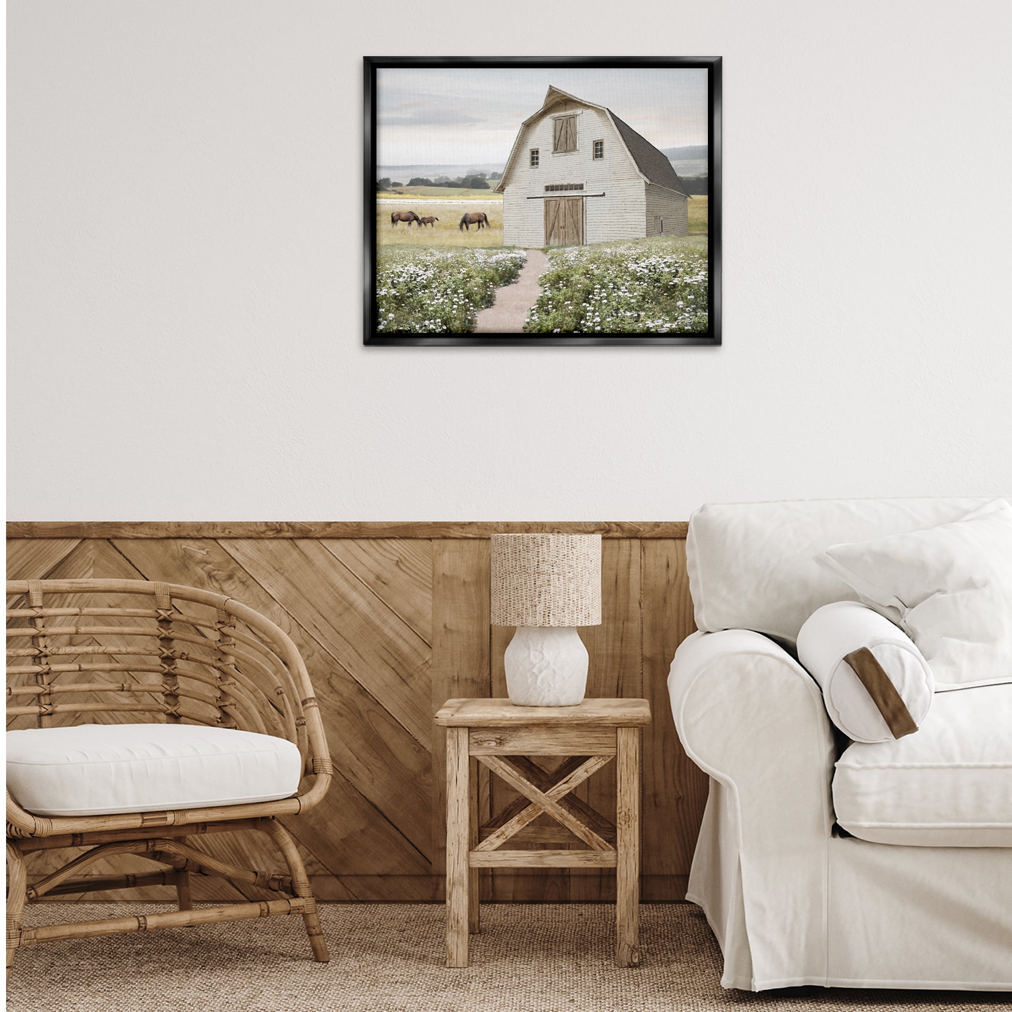 Stupell Industries Charming Path to Barn Landscape & Nature Painting Black Floater Framed Canvas Art Print Wall Art, 31 x 25