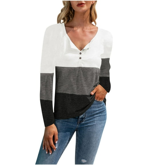 yillto Womens Basic Tshirts Long Sleeve V Neck Pullover Tops Soft Comfy Lightweight Color Block Clothes