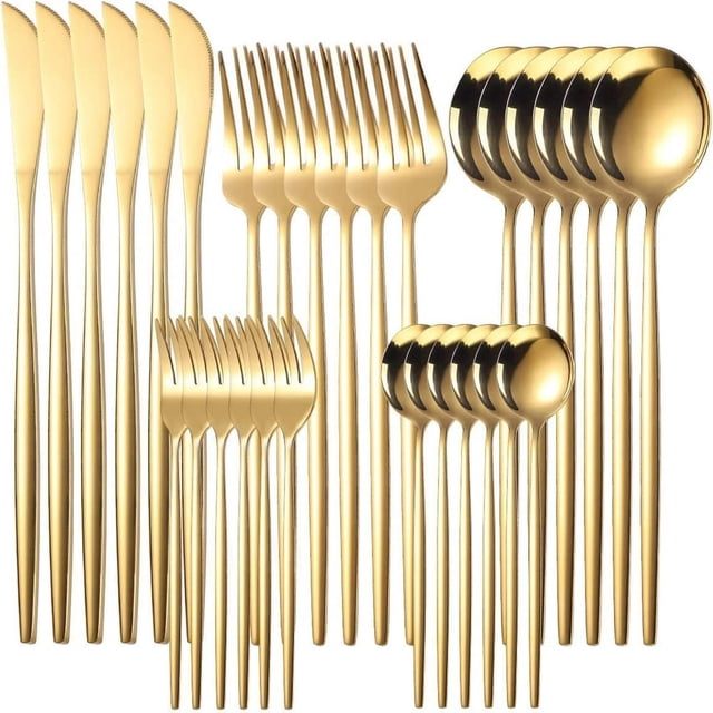 YOPTOP Silverware Sets 30 Pieces Stainless Steel Flatware Set Utensils Set Service for 6 Tableware Cutlery Set for Home and Restaurant Knives Forks Spoons Mirror Polished Gold