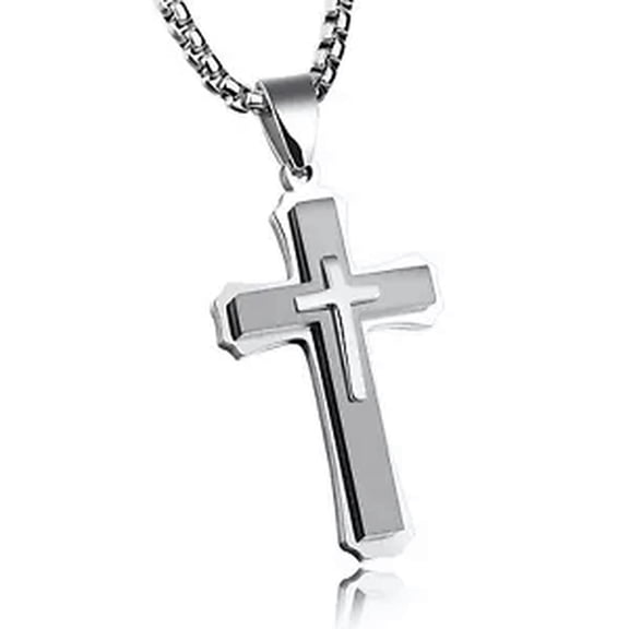 HOOUN Hot ! Stainless steel large 3D Cross design Pendant Men's Necklace Chain 24 inch-silver