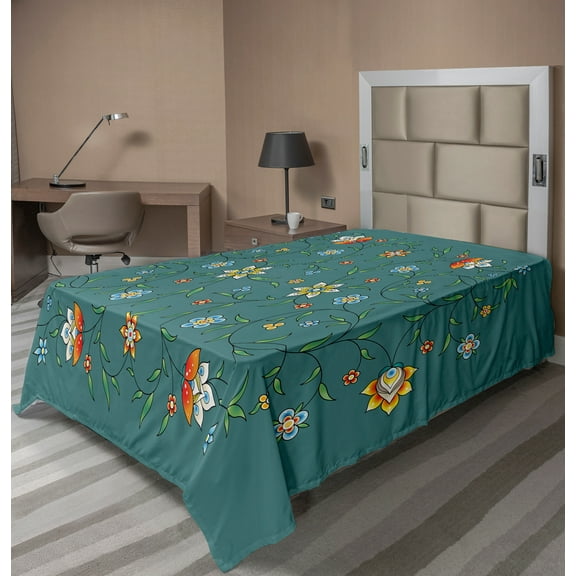 Ambesonne Floral Flat Sheet, Ornate Flowers, Twin Size, Teal Dark Orange
