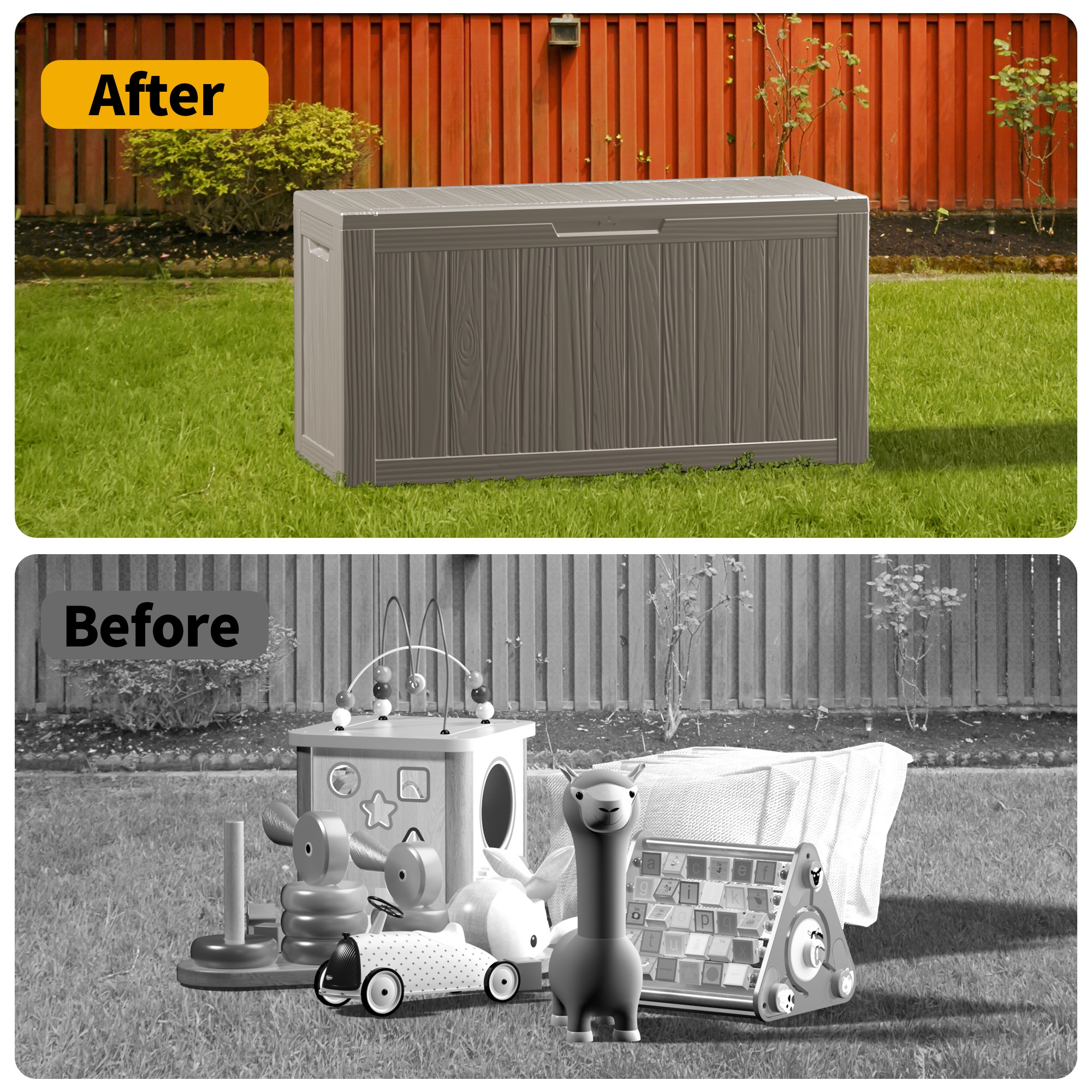 Patio Casual 80 Gallon Lockable Resin Deck Box, Waterproof & Outdoor Storage Box for Outdoor Cushion Storage and Outdoor Delivery Storage, Stylish Outdoor Bench,Light coffee
