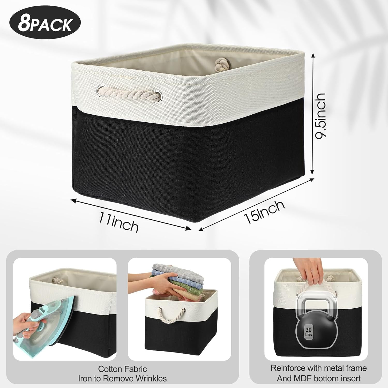 8 Pack Collapsible Storage Bins Fabric Storage Bins Polyester Fabric Storage Baskets with Handles Linen Closet Organizer for Shelf Home Closet Towels Toys (Black Gray, 15 x 11 x 9.5 in)