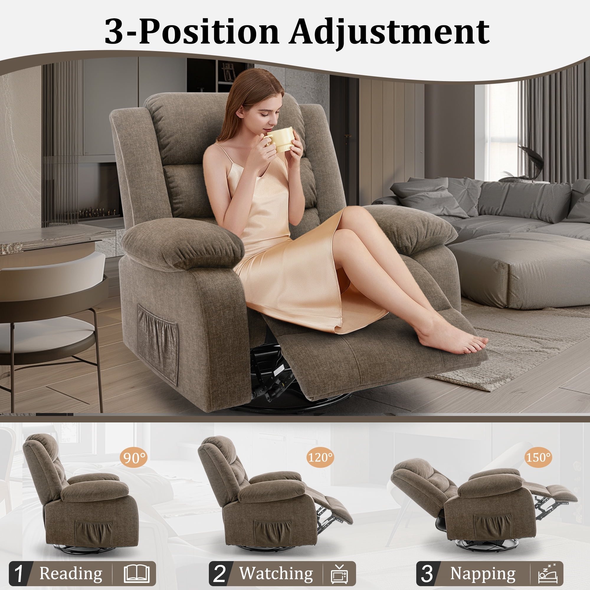 Korser Oversized Swivel Rocker Recliner Chair for Adults 40.6'' Wide for Nursery Living Room,Brown