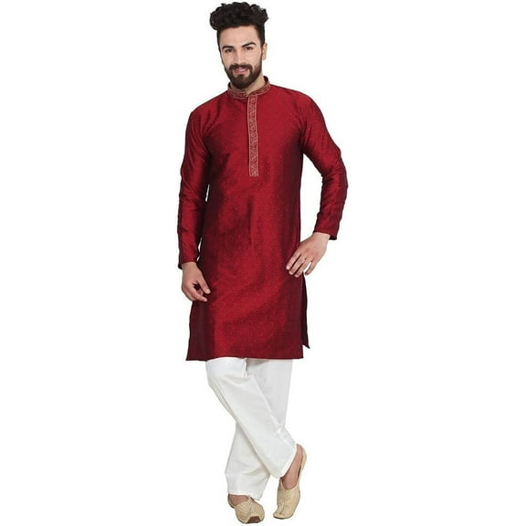 Royal Kurta Mens Maroon Jacqaurd Silk Embroidered Traditional Kurta And Pyjama Set