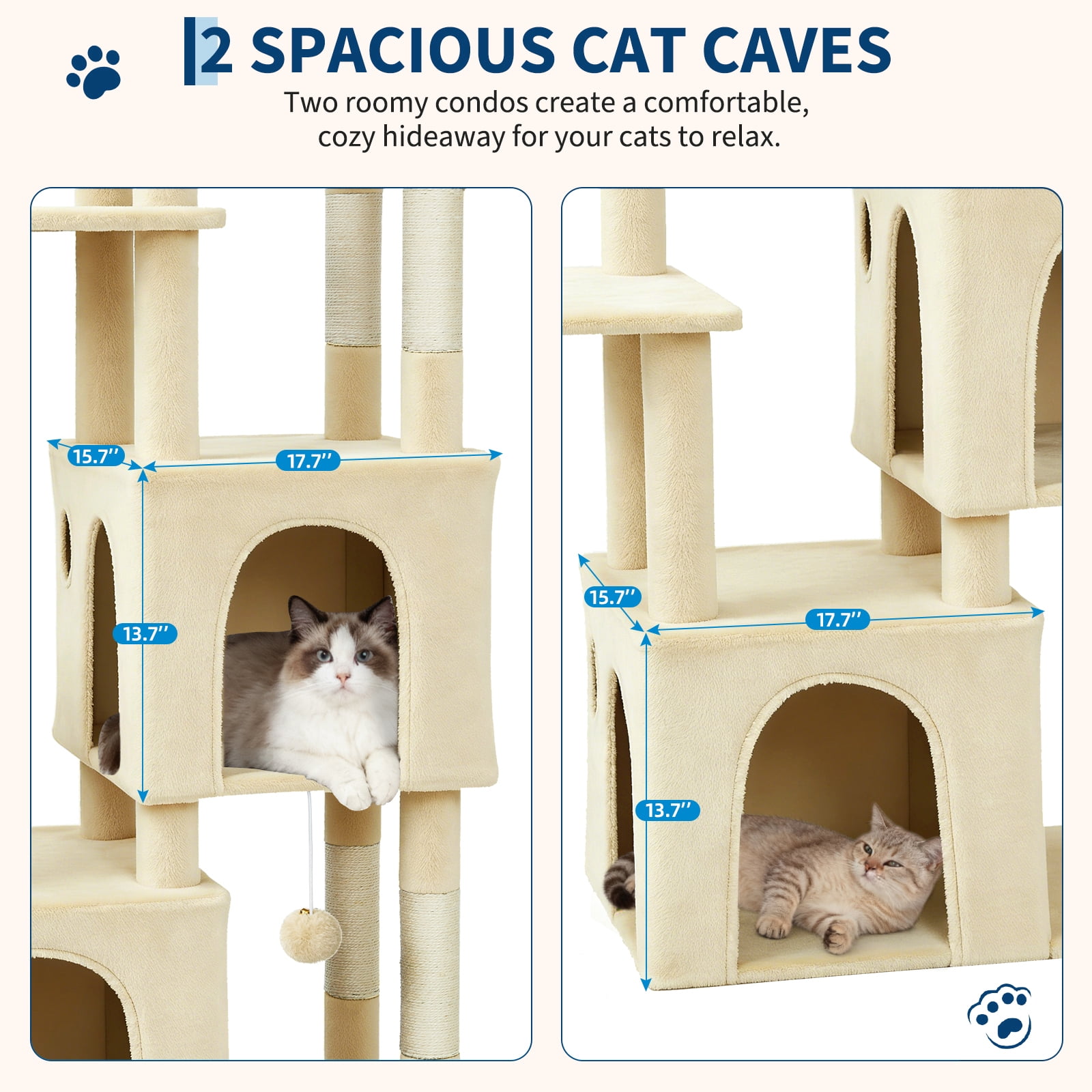 Babevy 61" Maine Coon Cat Tree, Heavy-Duty Tower with Extra-Large Perch, 2 Condos & 7 Sisal Scratching Posts for Large Indoor Cats