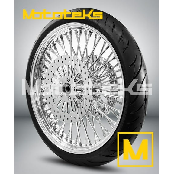 21X3.5 52 Fat Spoke Wheel for Harley Touring Bagger fits 2008 - ABOVE Models ( NO/ABS) (ALL CHROME & BLACK Wall Tire)