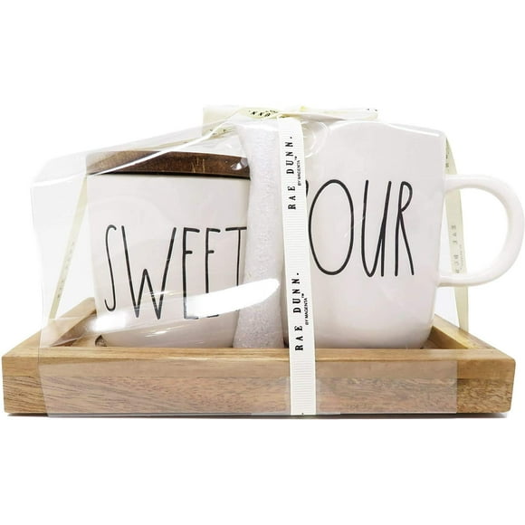 Rae Dunn By Magenta 3 Piece SWEET POUR Ceramic LL Sugar Bowl & Creamer Set With Wood Tray 2019 Limited Edition